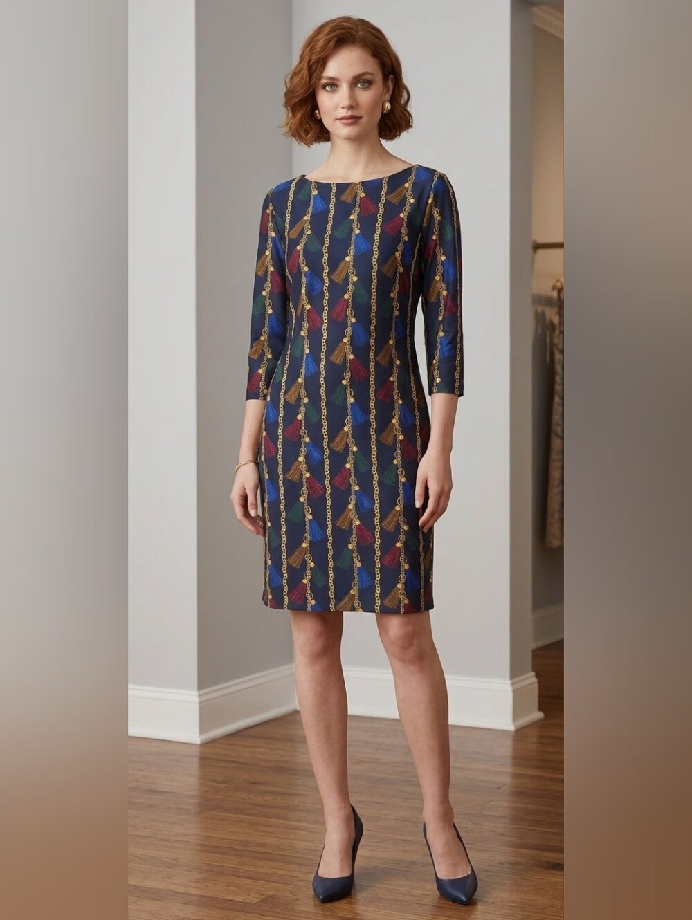 Jude Connally Navy Holiday Tassel & Chain Shift Dress Sz S